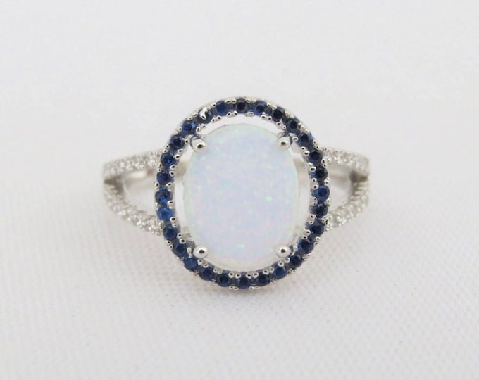 Vintage Sterling Silver White Opal, Blue Sapphire & White Topaz Halo Ring Size 8