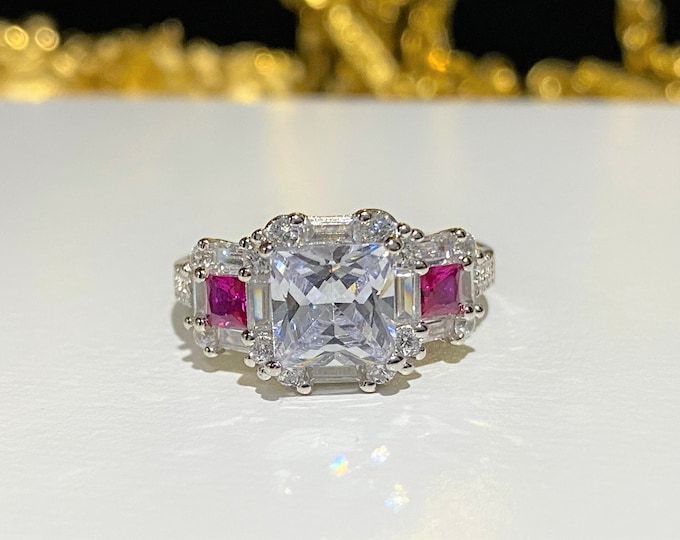 Vintage Sterling Silver White Topaz & Ruby Engagement Ring Size 8