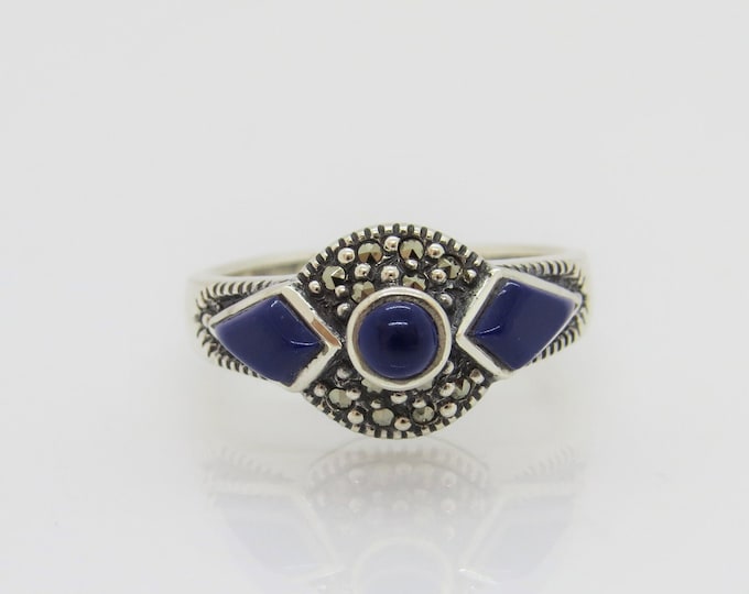 Vintage Sterling Silver Lapis Lazuli & Marcasite Ring Size 8
