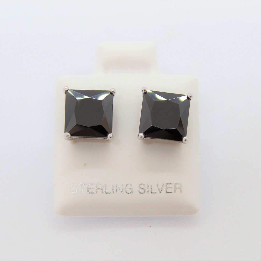 Vintage Sterling Silver Square Cut Black Sapphire Stud Earrings 8MM - Etsy