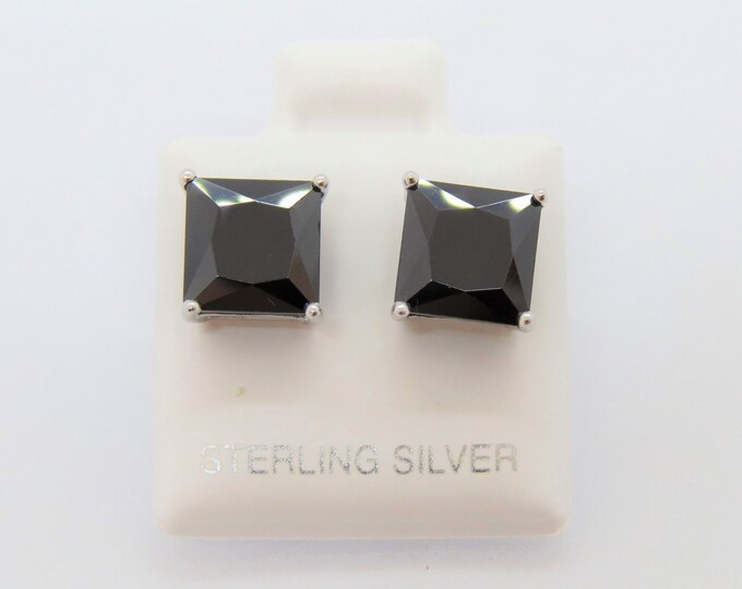 Vintage Sterling Silver Square cut Black Sapphire Stud Earrings 8MM