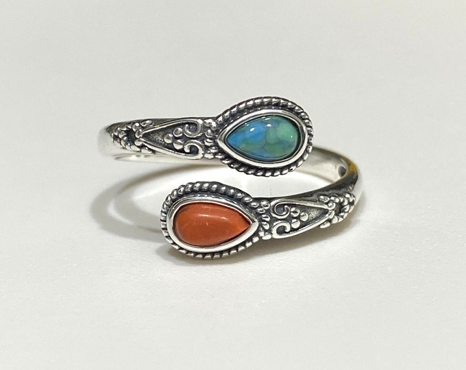 Vintage Sterling Silver Turquoise, Red Coral Ring.