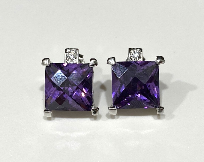 Vintage Sterling Silver Amethyst & White Topaz Earrings.