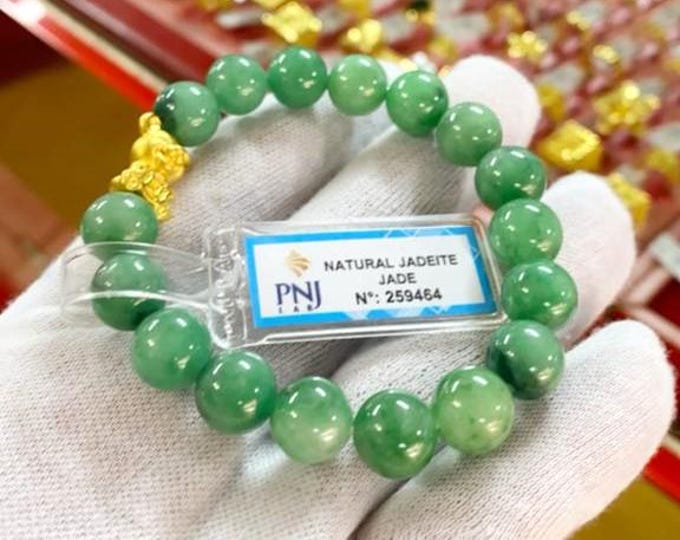 Vintage 24K 999 Yellow Gold Dog Charm Natural Green, White Jadeite Jade Beads Bracelet 10MM