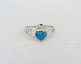 Vintage Claddagh Sterling Silver Inlay Blue Opal Ring Size 8