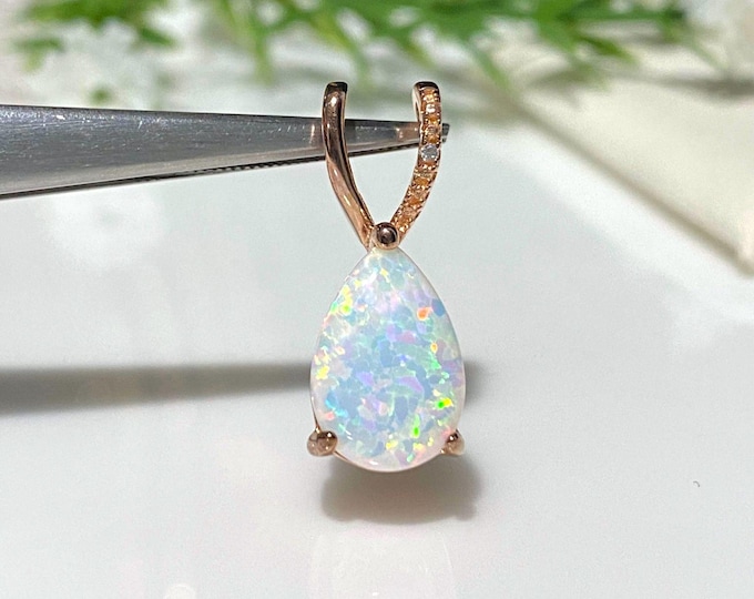 Vintage Sterling Silver Rose Gold Plated Pear cut White Opal & Diamond Pendant.