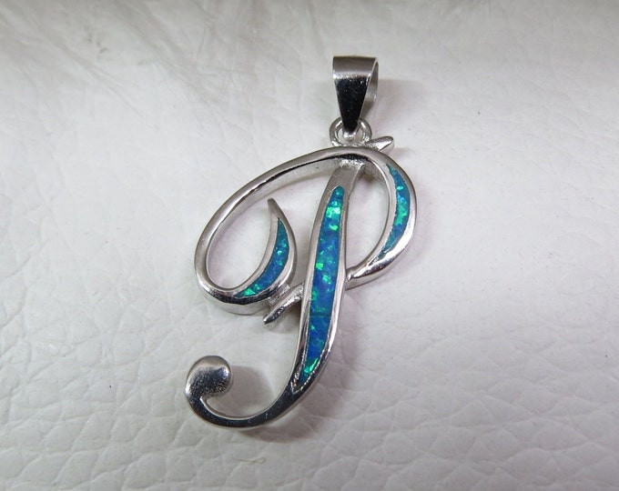 Sterling Silver Blue Opal Letter P Pendant.