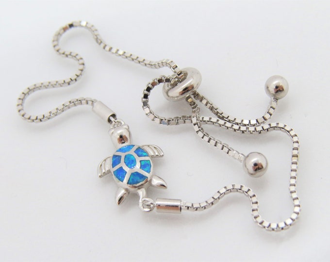 Sterling Silver Blue Opal Turtle Adjustable Vintage Bracelet.