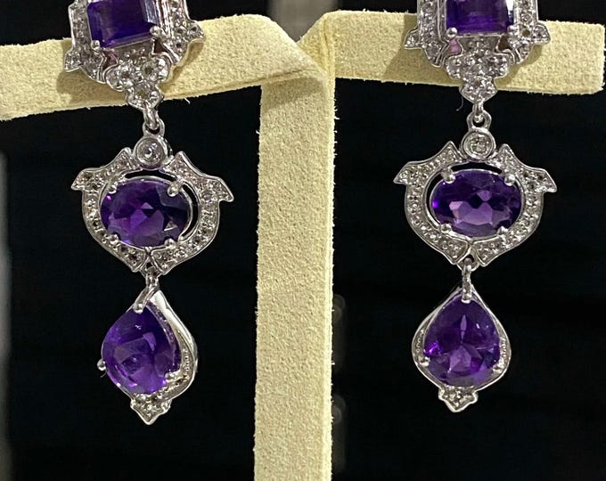 Vintage Sterling Silver Natural Amethyst & White Topaz Dangle Drop Earrings.