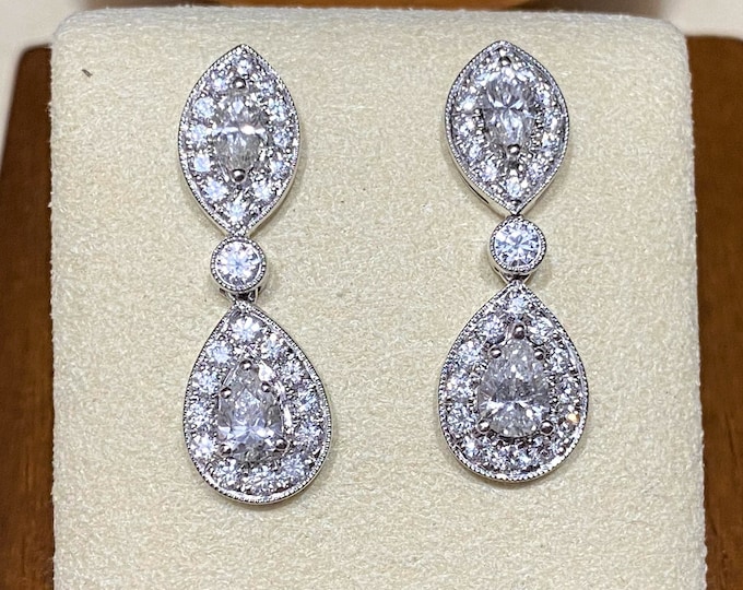 Vintage 18K White Gold 1.60ct Diamond Drop Earrings.