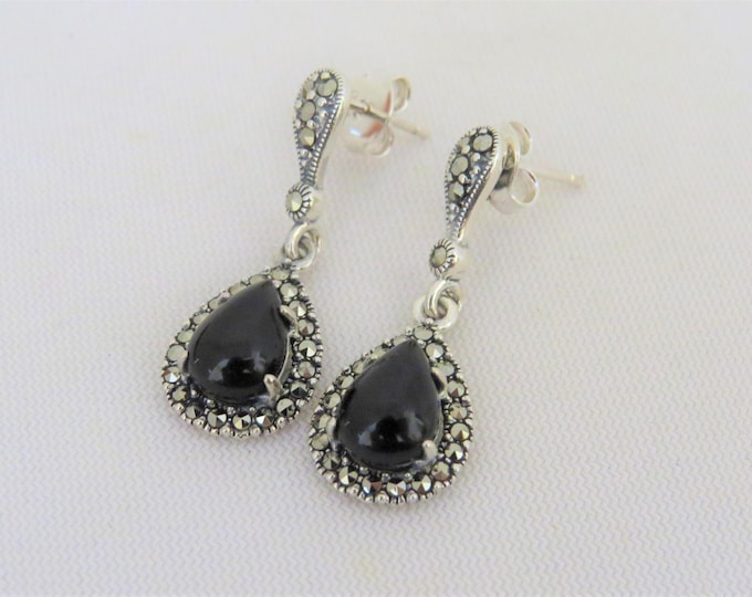 Vintage Sterling Silver Black Onyx & Marcasite Drop Earrings