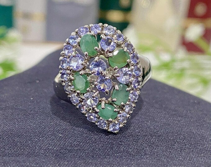 Vintage Sterling Silver Natural Emerald & Tanzanite Ring Size 8 1/2