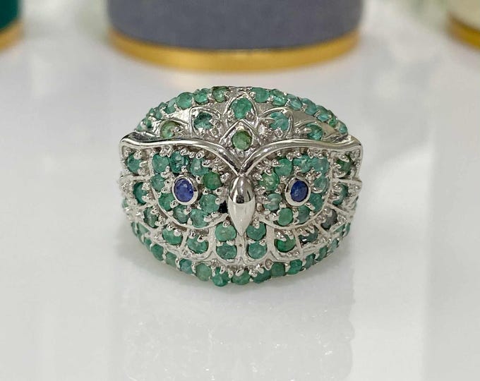 Vintage Sterling Silver Natural Emerald & Blue Sapphire Owl Ring Size 6 3/4