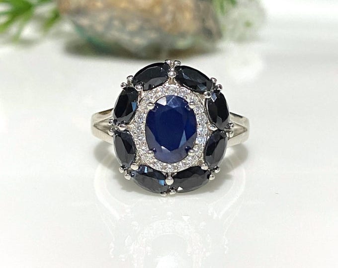 Vintage Sterling Silver Natural Blue Sapphire & White Topaz Ring Size 8