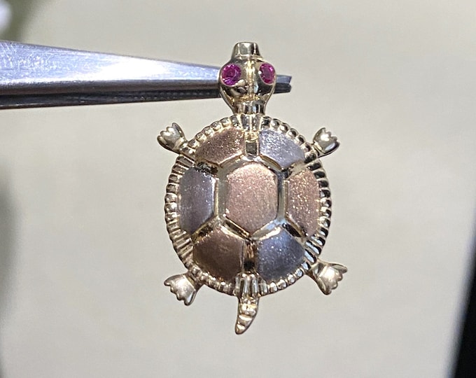 Vintage 14K Solid Triple color Gold Ruby Turtle Pendant.