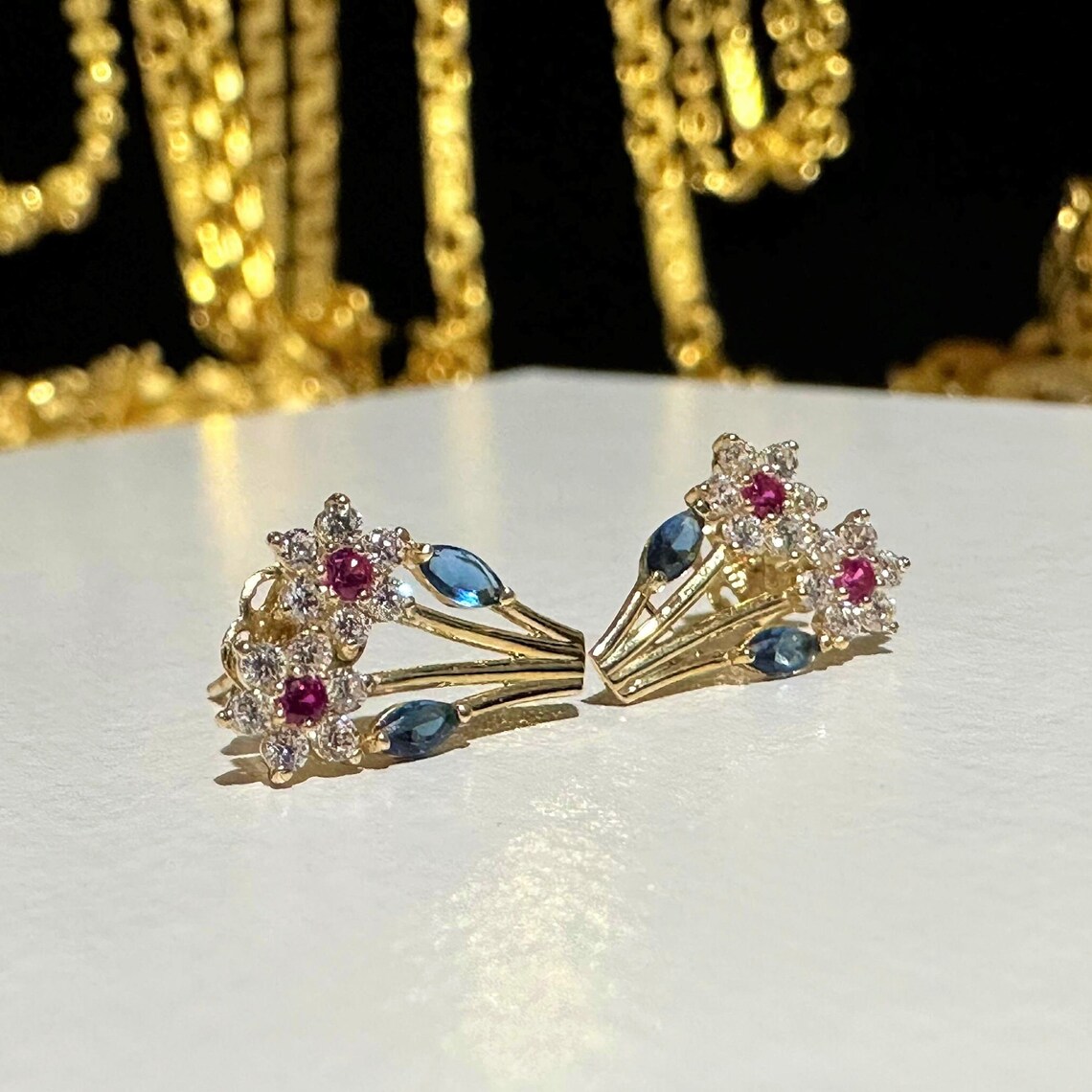 Vintage 14K Solid Yellow Gold Ruby, Blue Sapphire & White Topaz Flowers ...