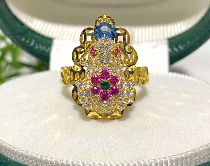 Vintage 15K 610 Solid Yellow Gold Blue Sapphire, Ruby, Emerald & White Topaz Ruby Eye's Frog Flower Ring Size 7.5