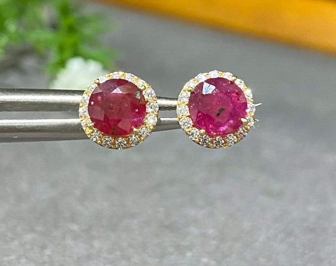 Vintage 15K 610 Solid Yellow Gold Genuine Ruby & White Topaz Halo Earrings.