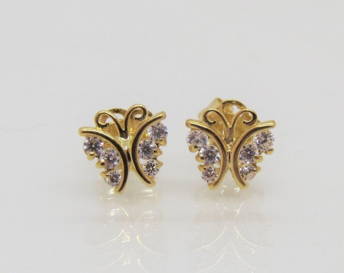 Vintage 14K Solid Yellow Gold White Topaz Butterfly Stud Earrings