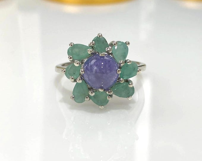 Vintage Sterling Silver Natural Tanzanite & Emerald Ring Size 6 3/4