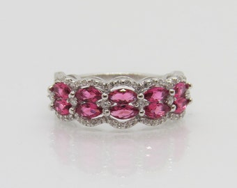 Vintage Sterling Silver Marquise cut Ruby & White Topaz Ring Size 9