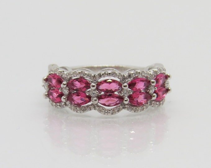 Vintage Sterling Silver Marquise cut Ruby & White Topaz Ring Size 9