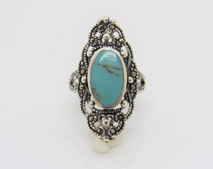 Vintage Sterling Silver Turquoise & Marcasite Long Ring Size 8