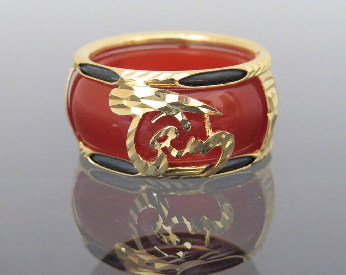 Vintage 18K Solid Yellow Gold Red Agate Letter TAM Band Ring Size 9.25