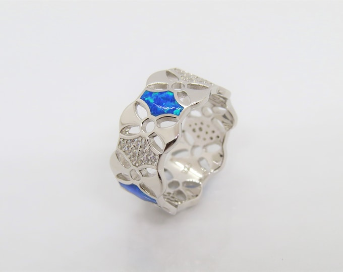 Vintage Sterling Silver Coffin Blue Opal & White Topaz Eternity Band Ring Size 8