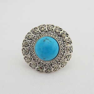Vintage Sterling Silver Turquoise & Marcasite Filigree Ring Size 8.25
