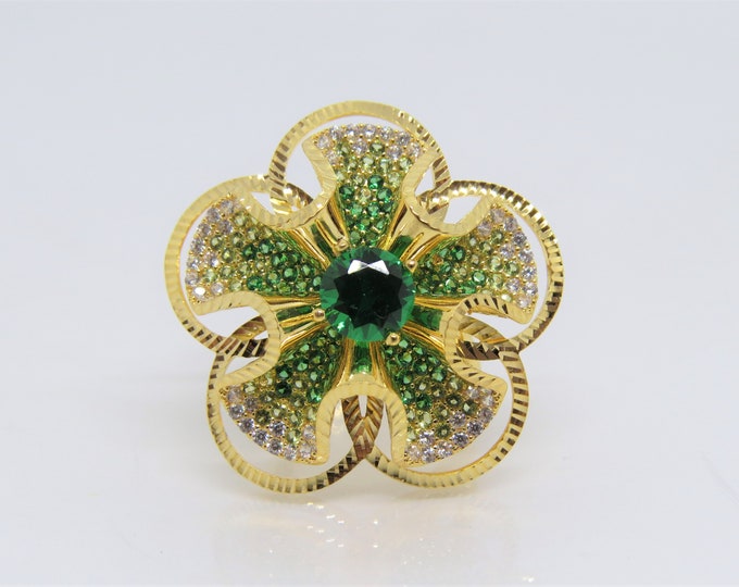 18K Solid Yellow Gold Emerald, Peridot & White Topaz Flower Dome Ring Size 6