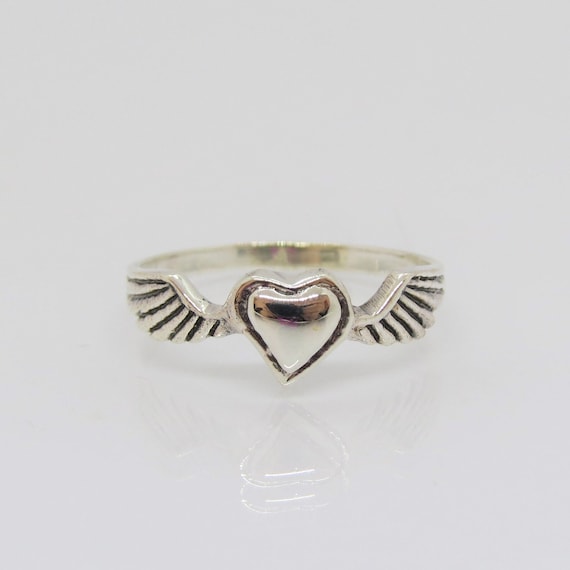 Vintage Sterling Silver Heart & Wings Ring Size 9 - image 1