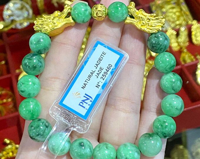Vintage 24K 9999 Yellow Gold Dragons Head Charm Natural Green Jadeite Jade Beads Bracelet 9.4MM