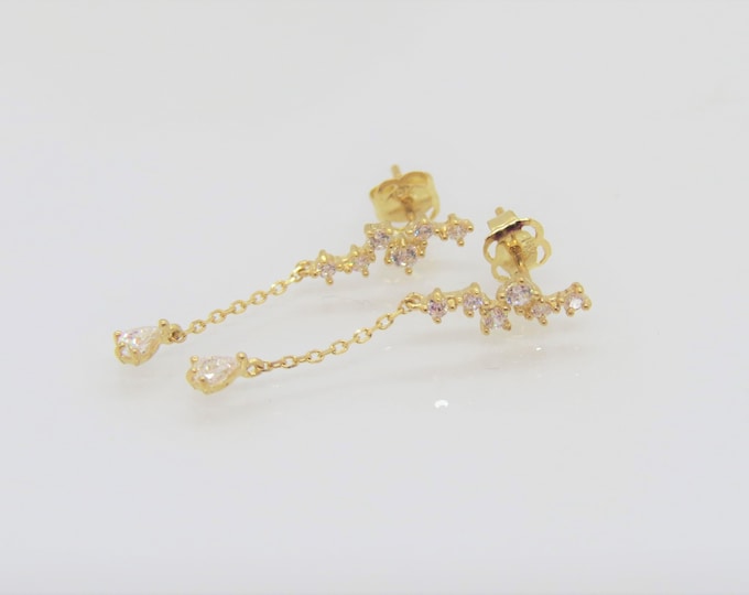 Vintage 14K Solid Yellow Gold White Topaz Dangle Drop Earrings