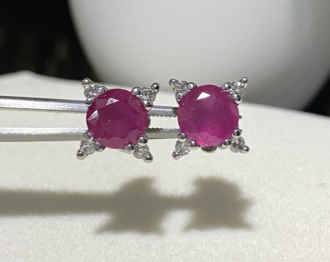 Vintage 14K Solid White Gold Natural Ruby & Diamond Earrings