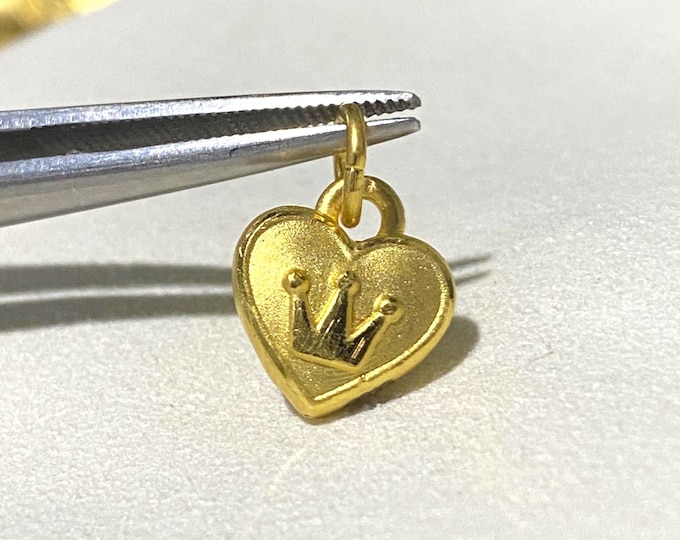 Vintage 24K 9999 Yellow Gold Heart Crown Charm Pendant Make for Charm Bracelet