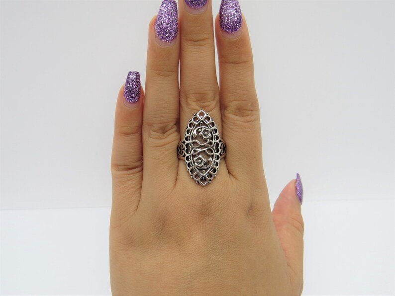 Oxidized Vintage Flower Filigree Ring - 925 Sterling Silver Band, Sizes 5-10 - View #3