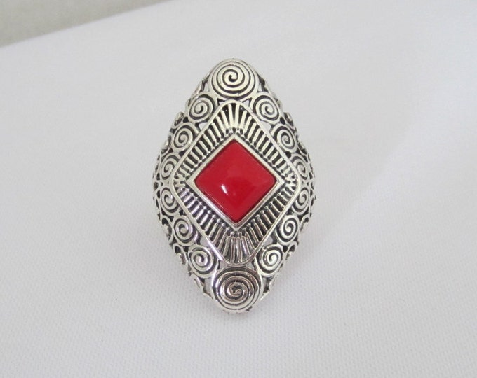 Vintage Sterling Silver Red Coral Filigree Ring Size 8
