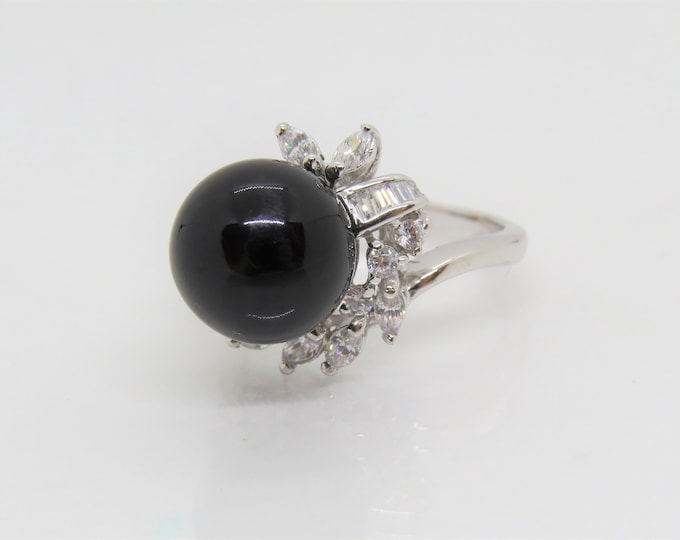 Vintage Sterling Silver Black Onyx & White Topaz Ring Size 9.5