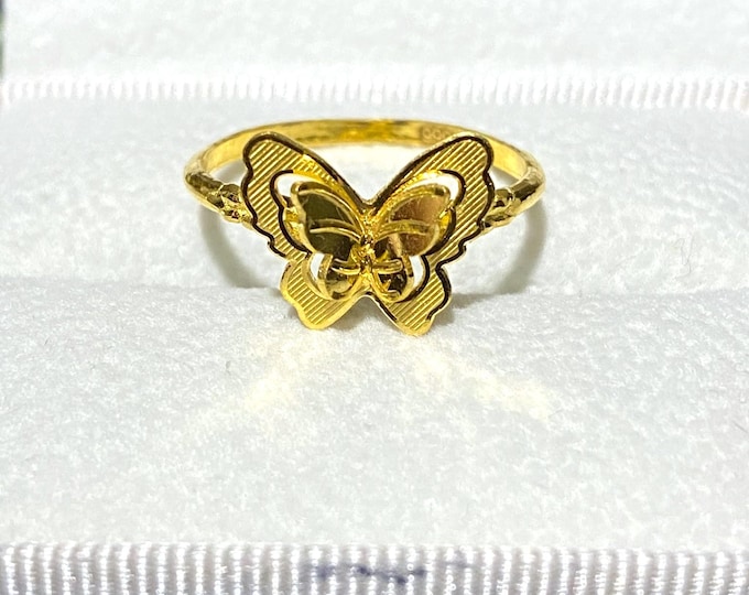 Vintage 24K 999 Gold Diamond cut Butterfly Ring Size 7.75