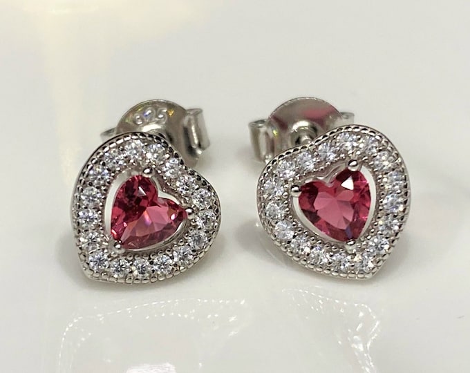 Vintage Sterling Silver Ruby & White Topaz Heart Earrings.