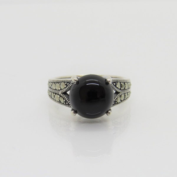 vintage Sterling Silver Round Black Onyx & Marcassite Ring Taille 7