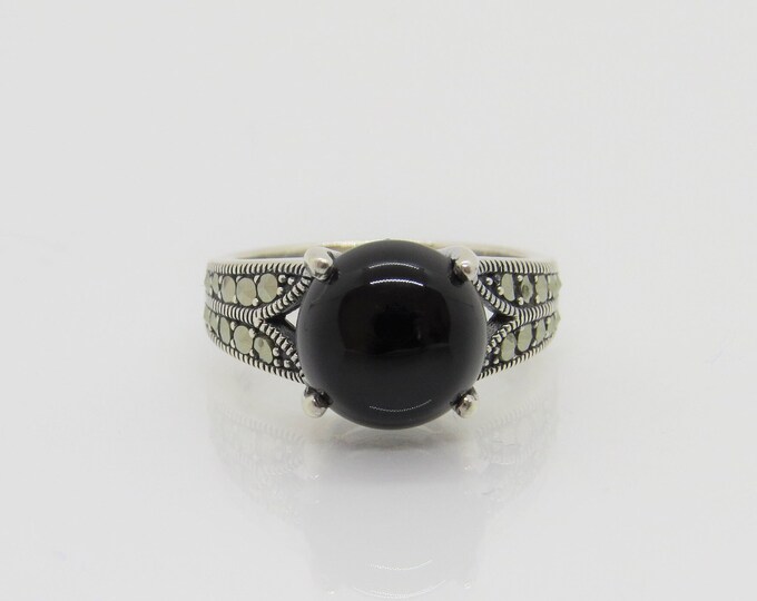 Vintage Sterling Silver Round Black Onyx & Marcasite Ring Size 7