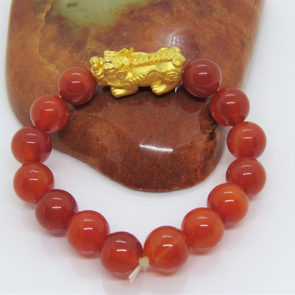 Vintage 24K 9999 Yellow Gold 3D Pixiu with Carnelian Bead Bracelet