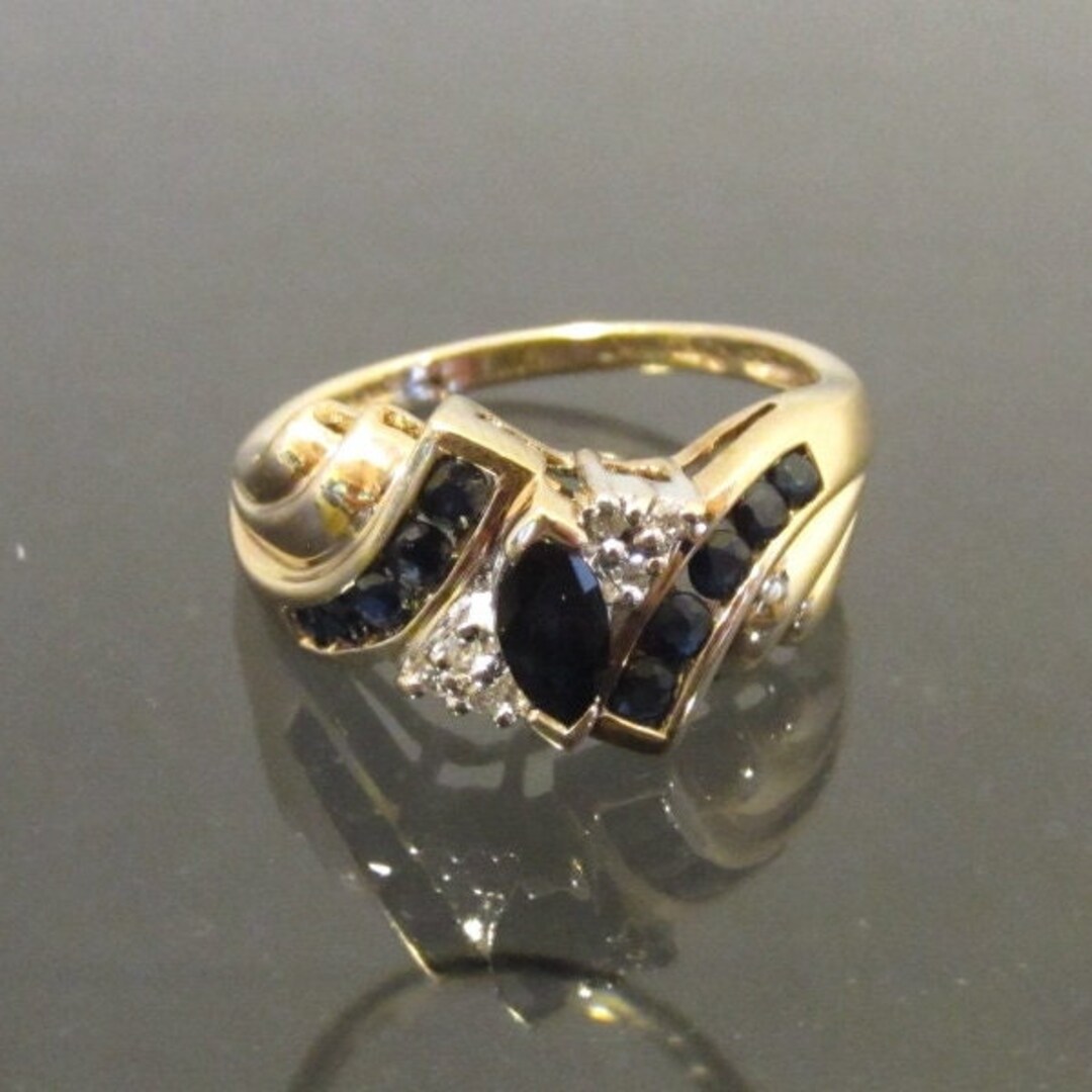 10k Yellow Gold Blue Sapphire & Diamond Ring – 7-Stone Layered Band, Size 9.75 - View #7
