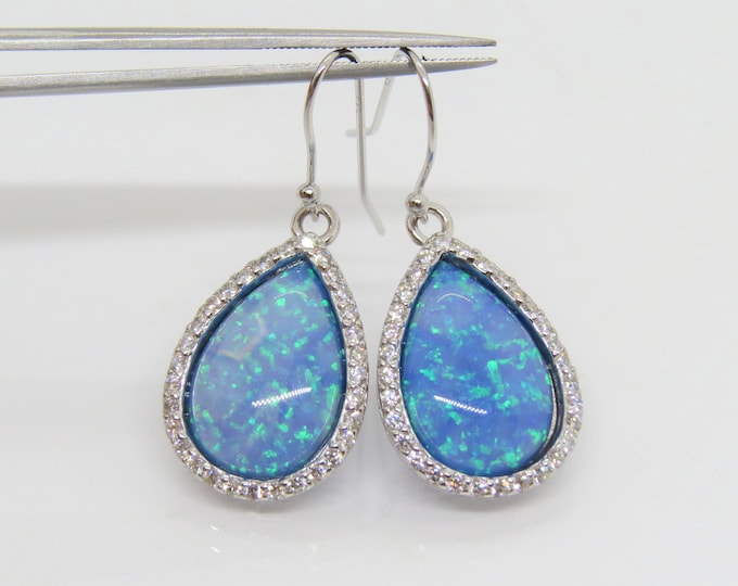 Vintage Sterling Silver Blue Opal & White Topaz Dangle Earrings
