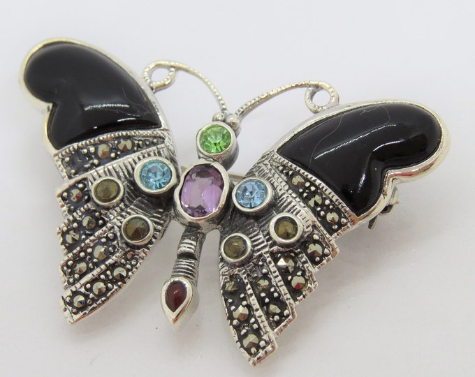 Vintage Sterling Silver Multi-Color Gemstone Black Onyx Butterfly Pin Brooch