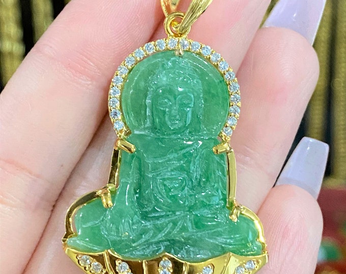 Vintage 18K Solid Gold Green Jadeite Jade & White Topaz Buddha Pendant Mat Phat Bon Su Thich Ca.