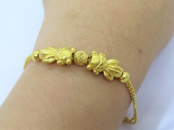 24K 999 Pure Gold 3D Goldfish Link Chain Vintage Bracelet 7