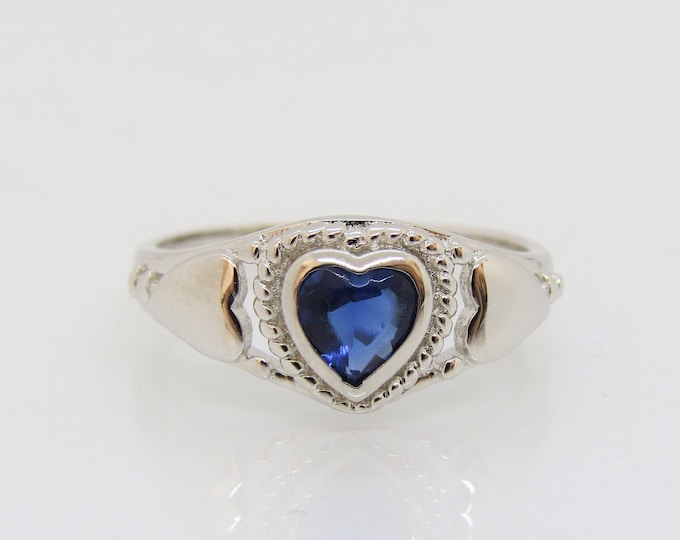 Vintage Sterling Silver Blue Sapphire Heart Ring Size 7